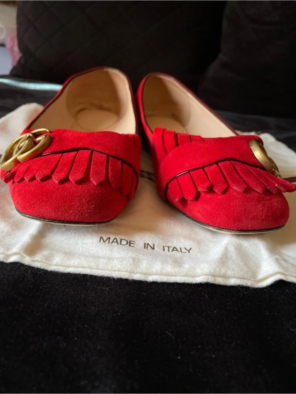 Authentic Gucci Red Suede Fringe GG Loafers for Women